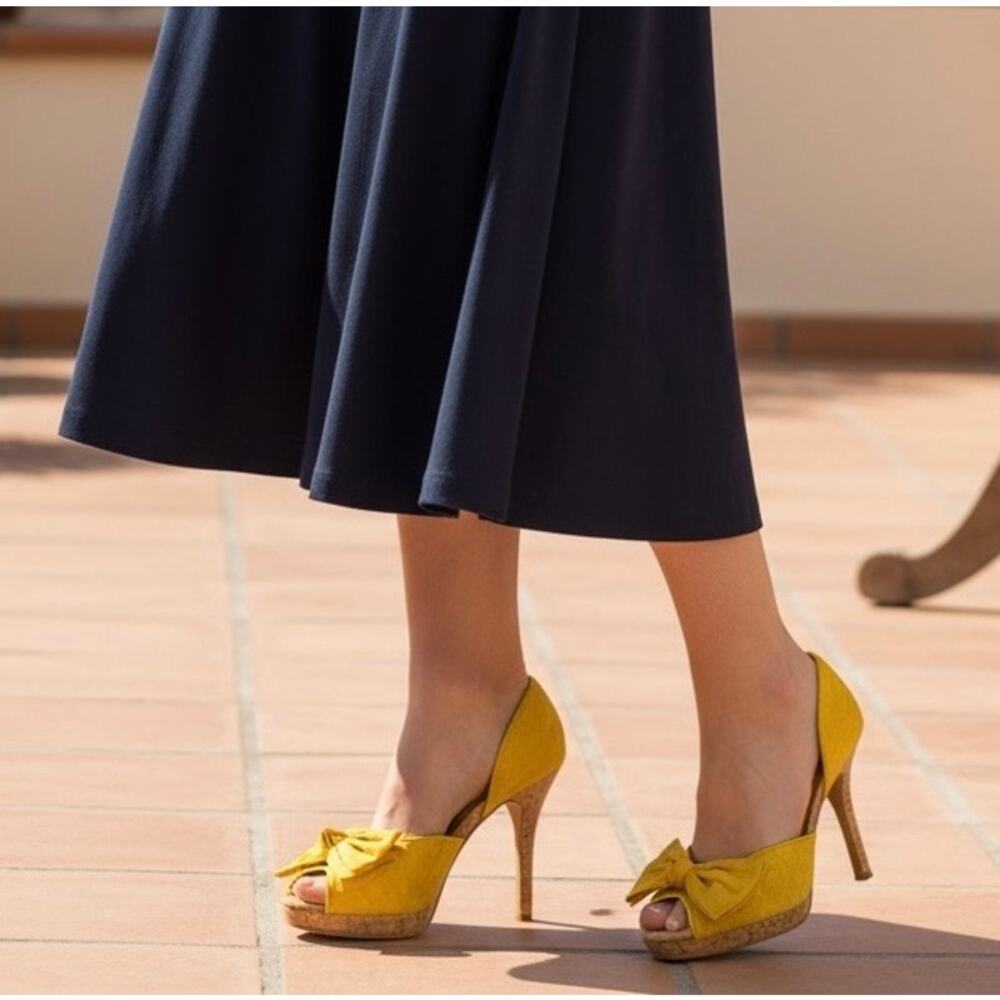MPS Yellow Satin Bow Peep Toe D’Orsay Heels Cork Platform Shoes Womens 8.5